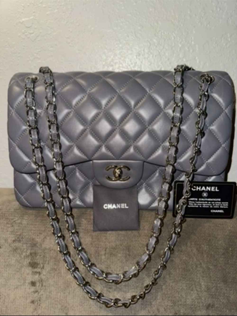 CHANEL Quilted Double Flap Shoulder Bag in Gray with Chain Strap